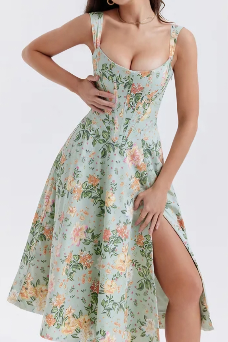 Elegant Floral Dress-Green