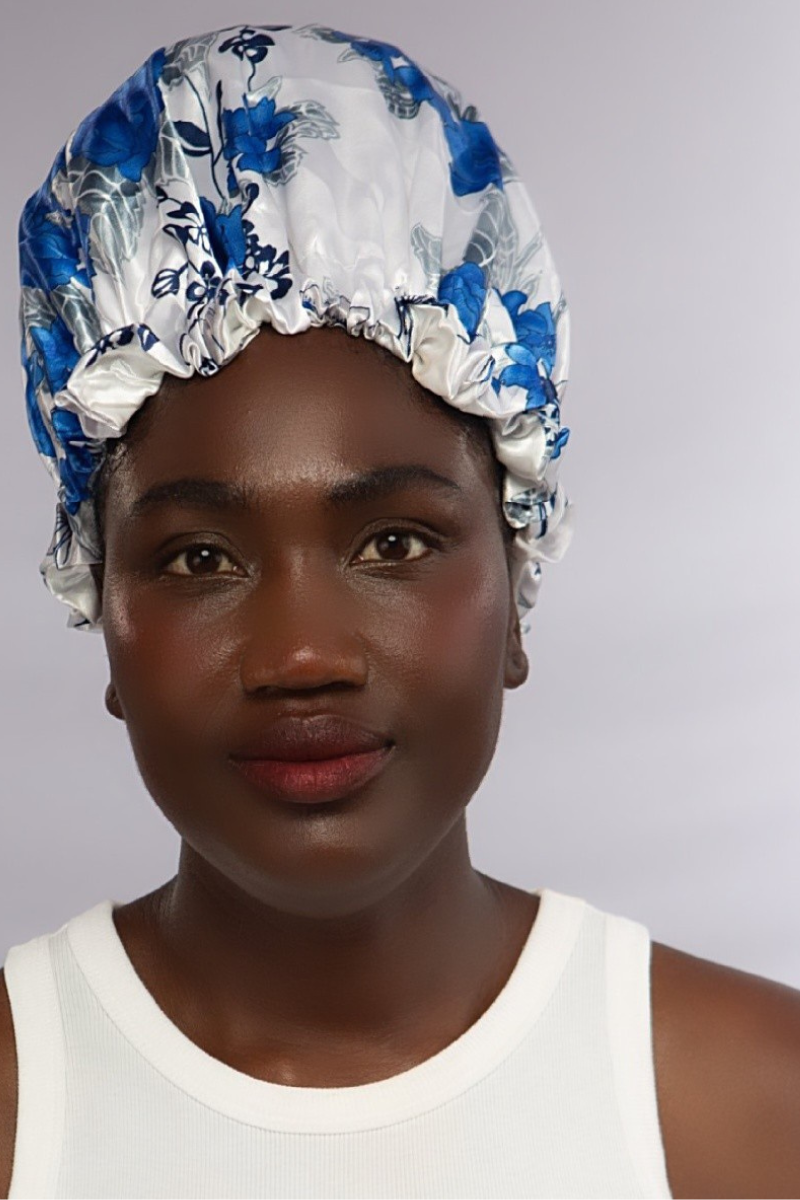 Silky Hair Bonnet  Blue and White